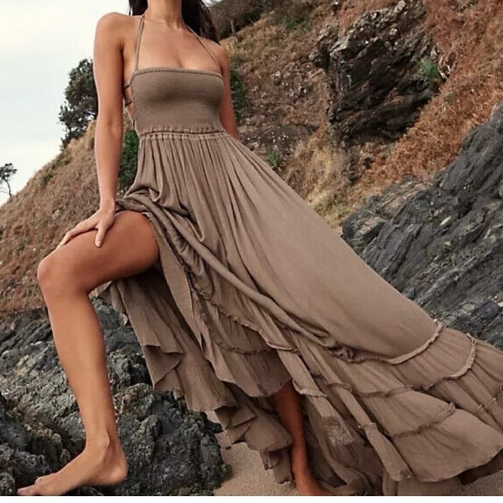 Free people Women's Strapless Ruffle Maxi Dress in Taupe